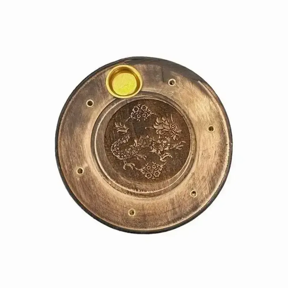 Scents - Dragon Chiseled Round Wooden Incense Holder 10cm x10 - ARABESK
