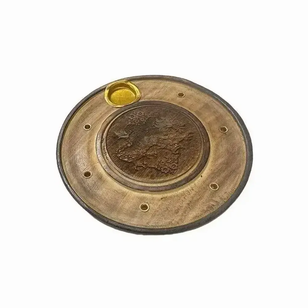 Scents - Dragon Chiseled Round Wooden Incense Holder 10cm x10 - ARABESK