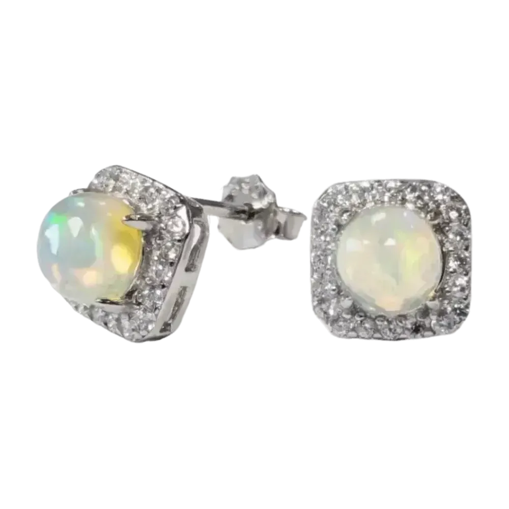 Jewelry - Square Solitaire Earrings 925 Silver Opal and Rhinestone AA 7.2mm - ARABESK