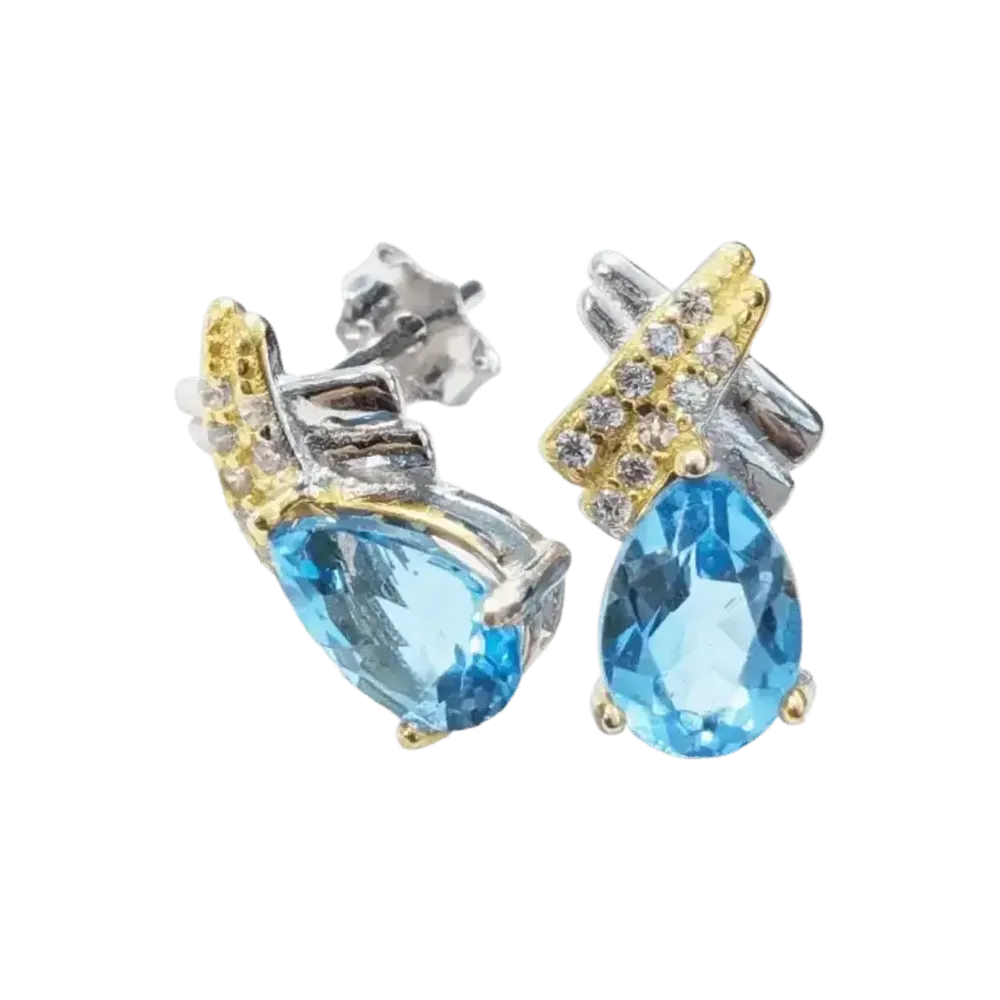 Jewelry - 925 Silver Oval Earrings Blue Topaz and Faceted Rhinestone AA 5x7mm - ARABESK