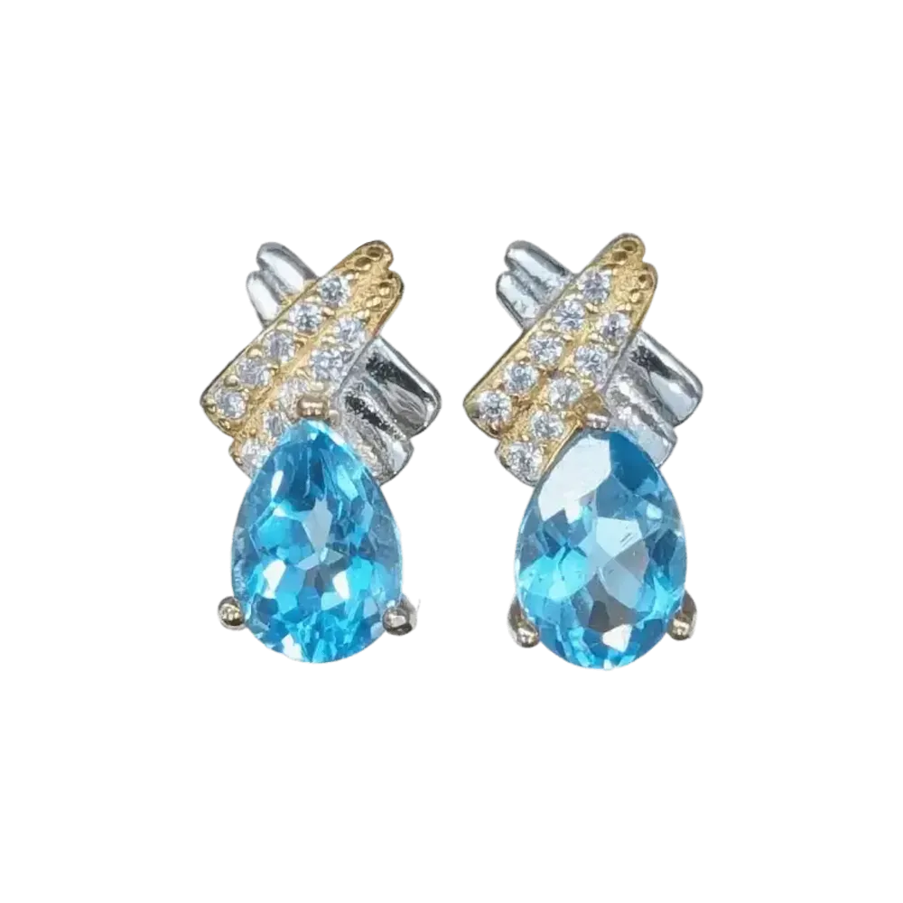 Jewelry - 925 Silver Oval Earrings Blue Topaz and Faceted Rhinestone AA 5x7mm - ARABESK