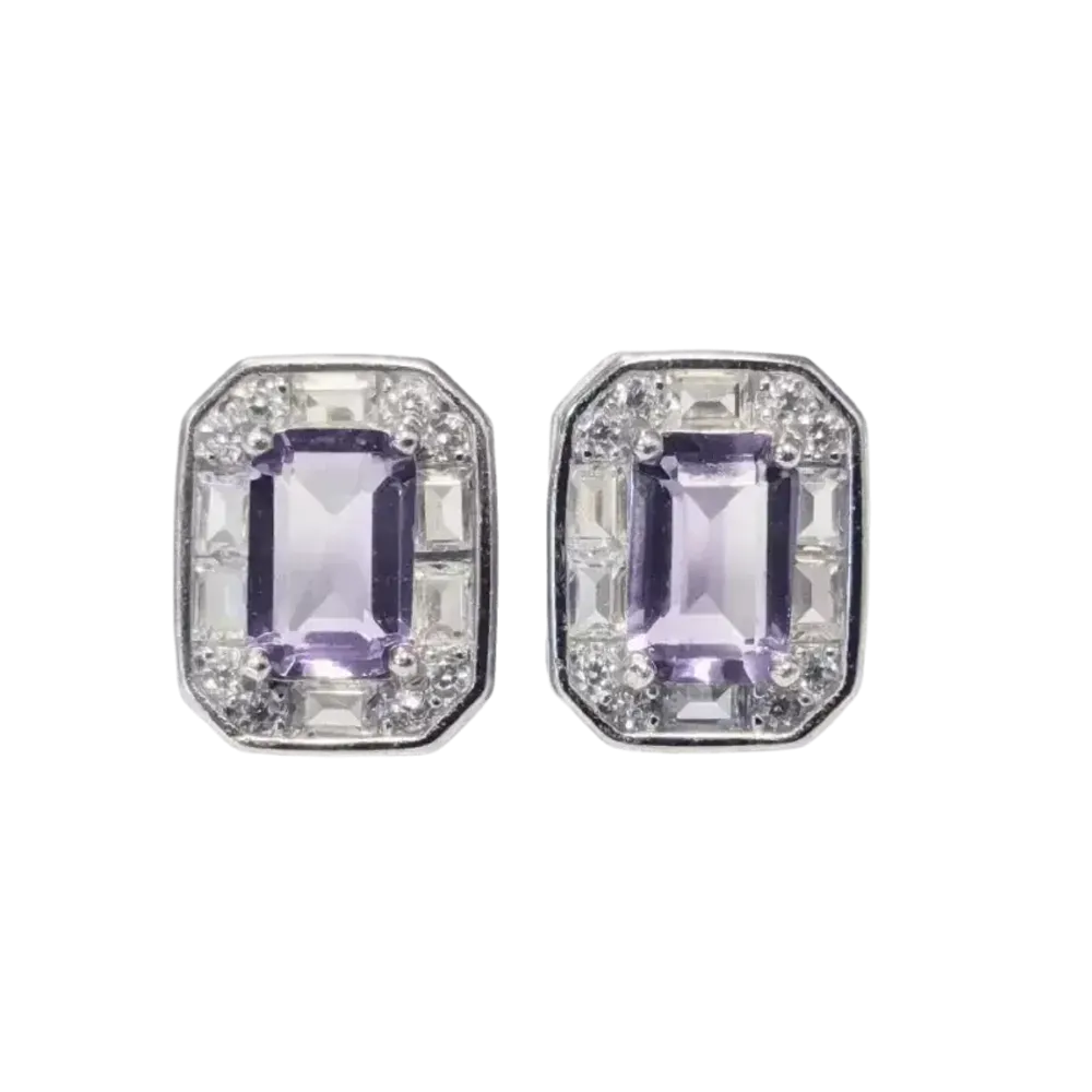 Jewelry - 925 Silver Square Earrings Amethyst and Faceted Rhinestone AA 4x6mm - ARABESK