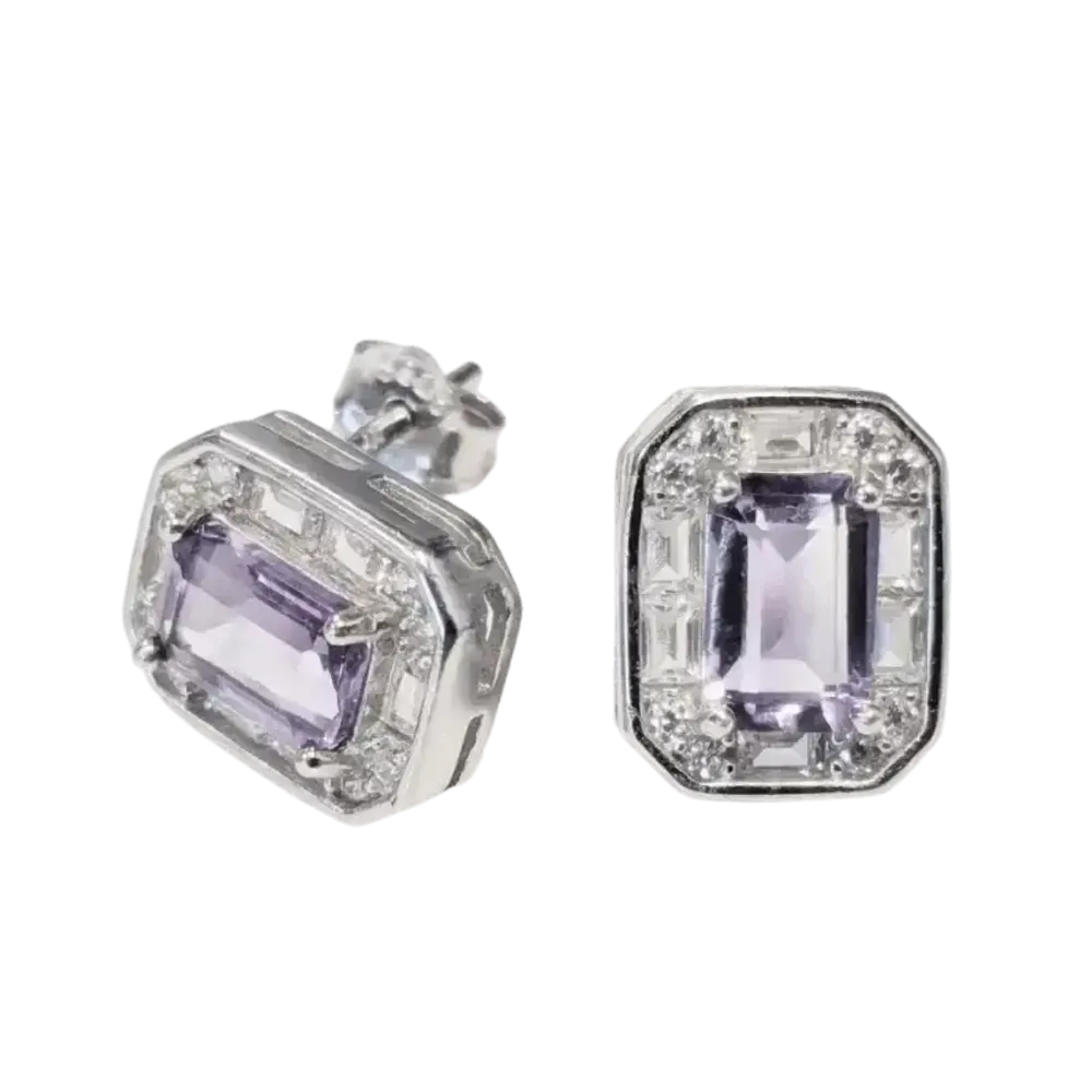 Jewelry - 925 Silver Square Earrings Amethyst and Faceted Rhinestone AA 4x6mm - ARABESK