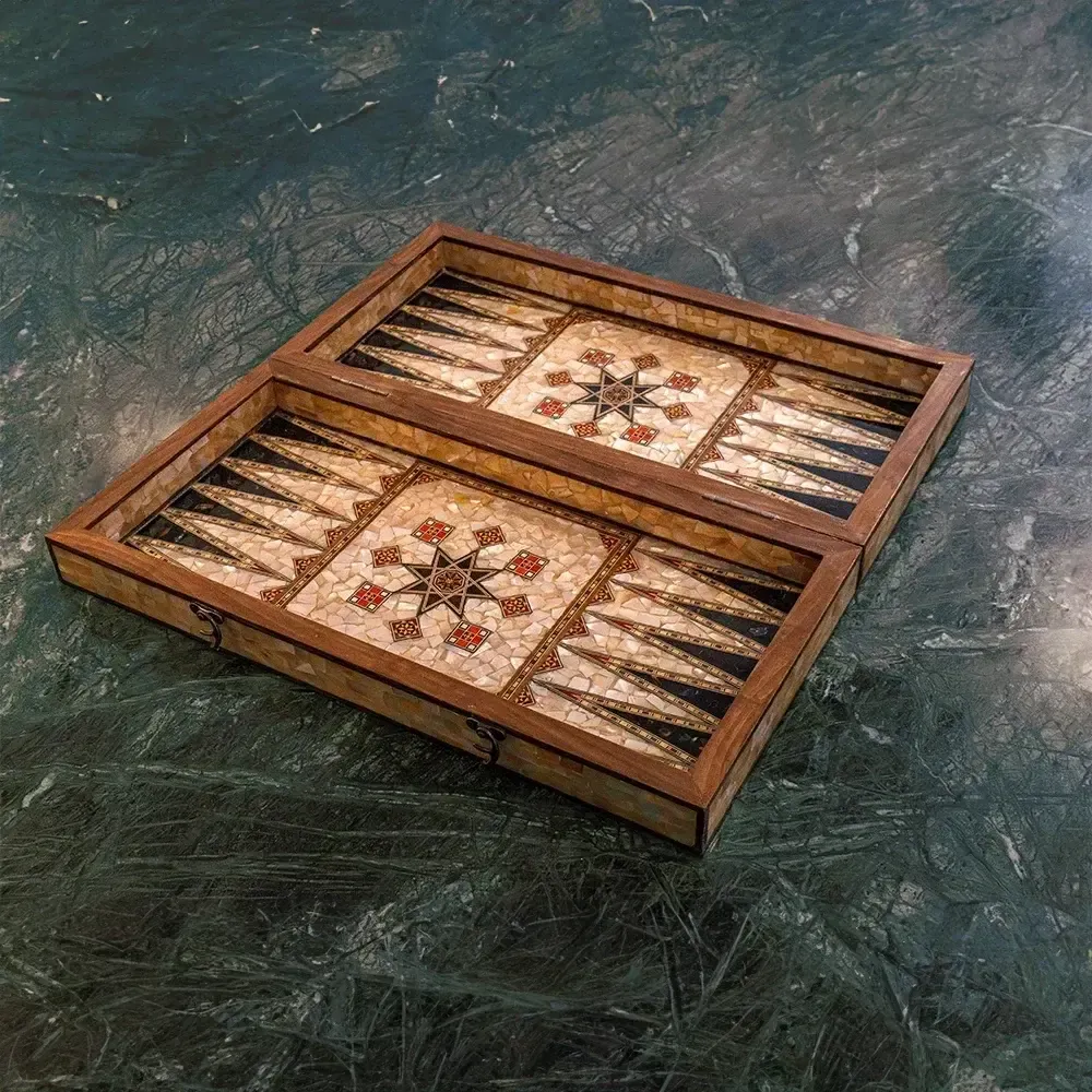Gifts - Mother of Pearl and Olive Wood Backgammon & Chess Board Set - MAISON ROSHI - LUXURY ENTERTAINMENT CABINETS