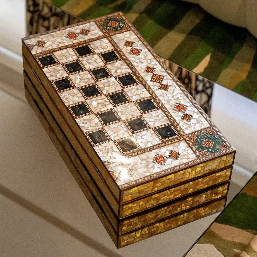 Gifts - Mother of Pearl and Olive Wood Backgammon & Chess Board Set - MAISON ROSHI - LUXURY ENTERTAINMENT CABINETS