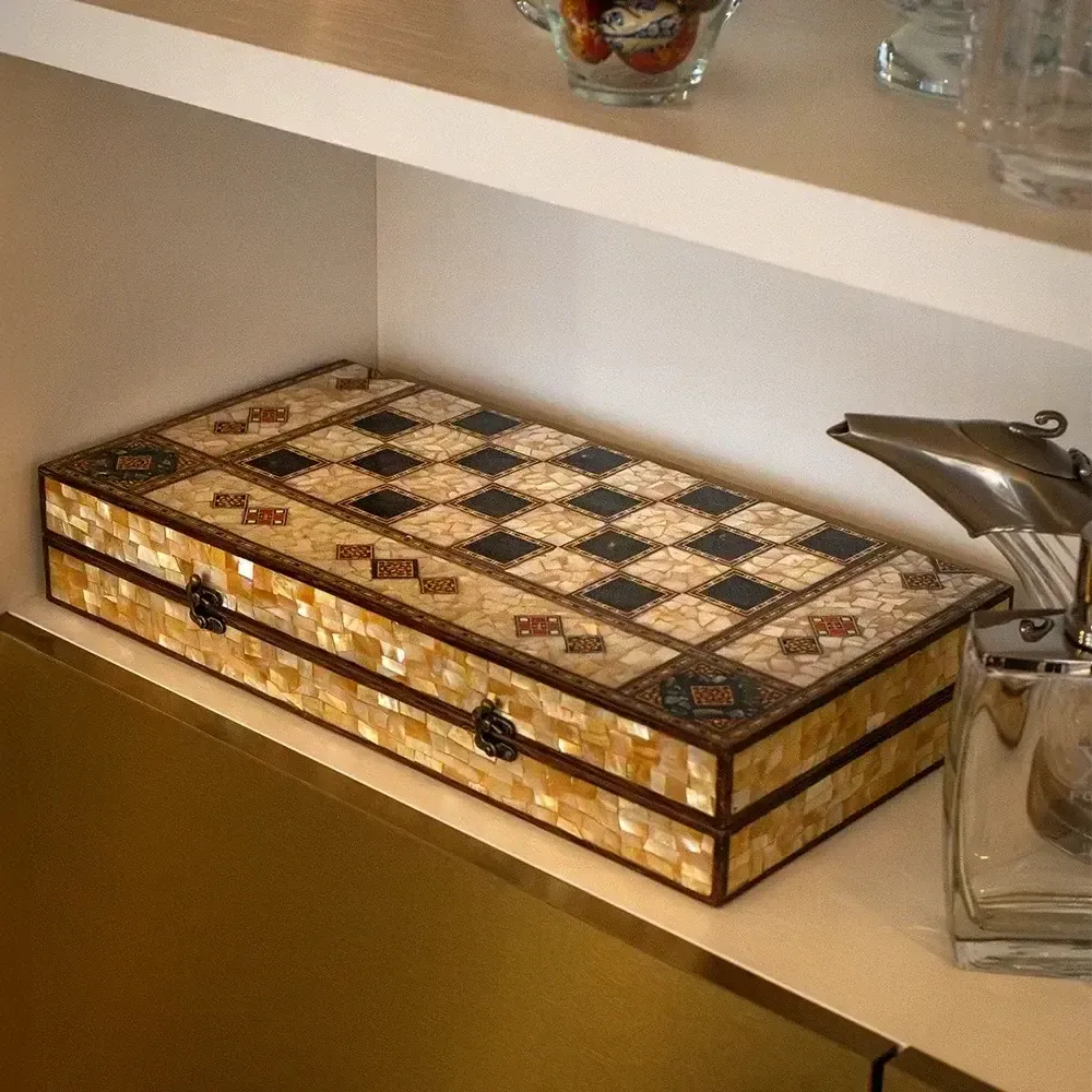 Gifts - Mother of Pearl and Olive Wood Backgammon & Chess Board Set - MAISON ROSHI - LUXURY ENTERTAINMENT CABINETS