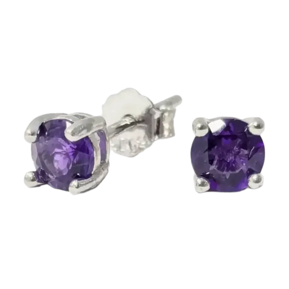 Bijoux - Boucles d'Oreilles Rondes Solitaire Améthyste Argent 925 Facettée AA 4mm - ARABESK