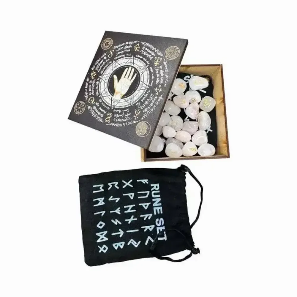 Bijoux - Boite Rune Futhark Quartz Rose avec Sac en Tissu 10x11cm - ARABESK