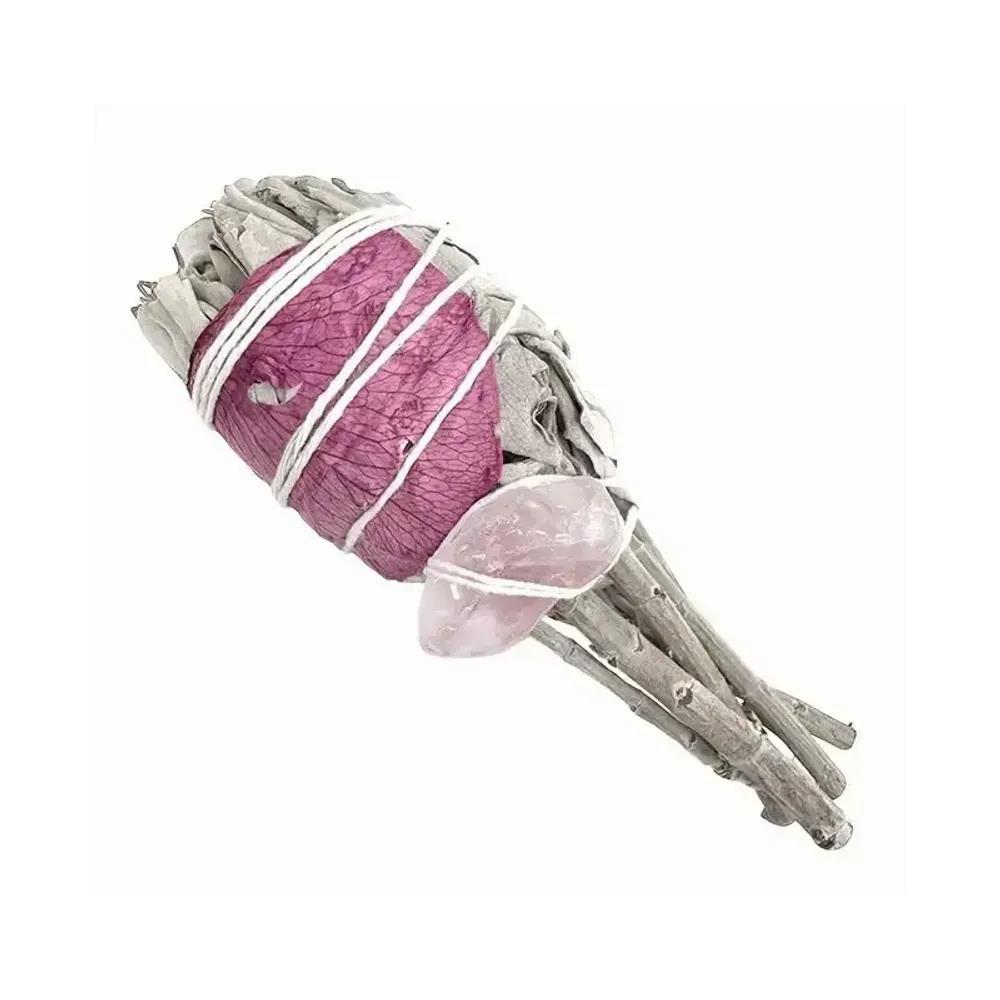 Senteurs - Torche Sauge Blanche Petale avec Quartz Rose 25-30g 11cm - ARABESK