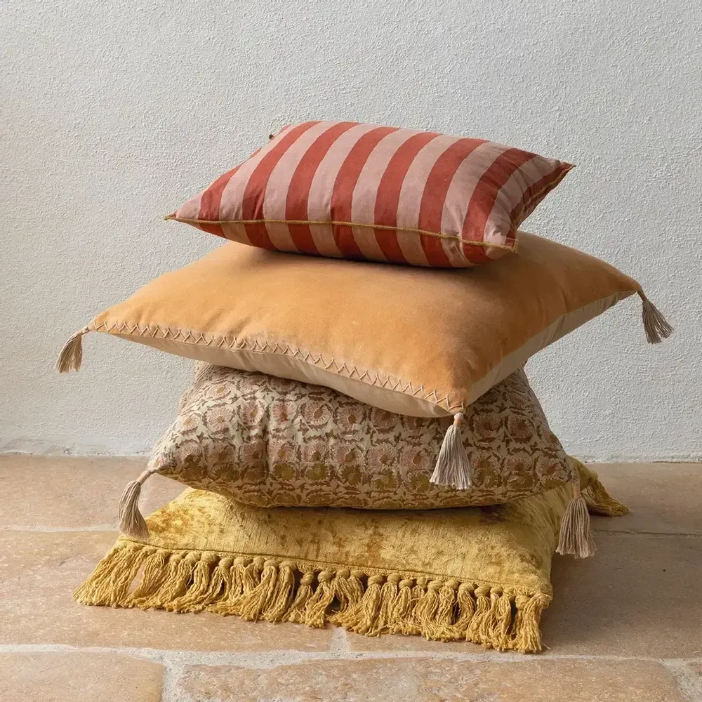 Fabric cushions - MATTEO apricot cotton velvet cushion cover 50x50 - BLANC D'IVOIRE