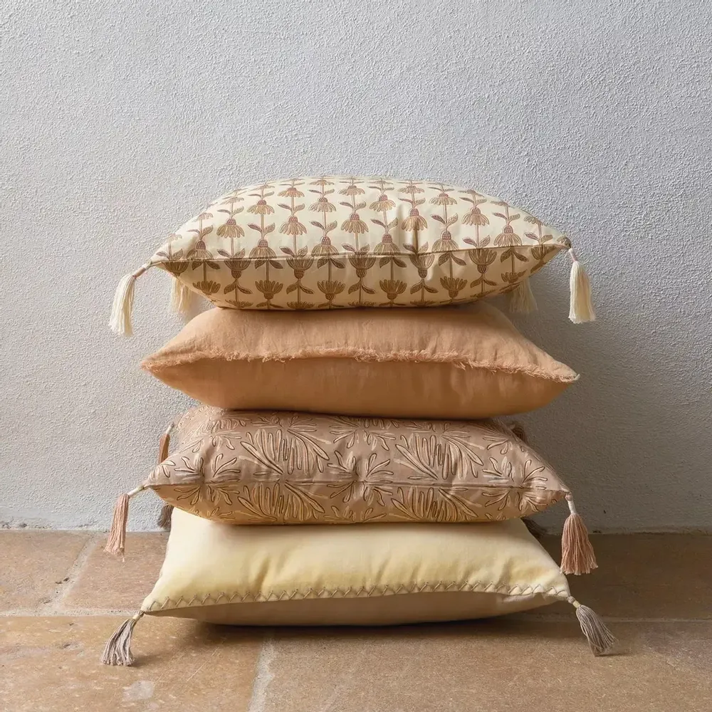 Fabric cushions - MATTEO pastel yellow cotton velvet cushion cover 50x50 - BLANC D'IVOIRE
