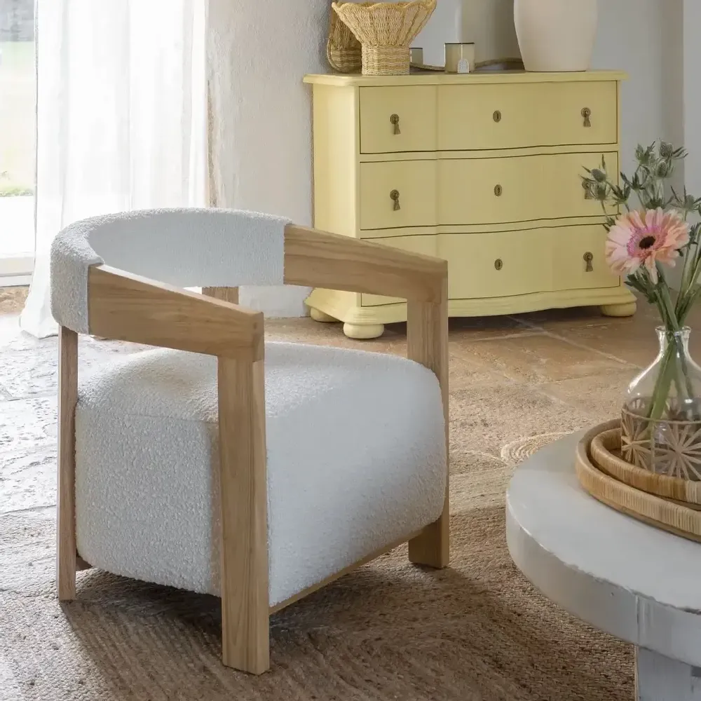 Armchairs - ARSÈNE armchair cream loop fabric rubberwood blond wood finish 60x66x66 - BLANC D'IVOIRE