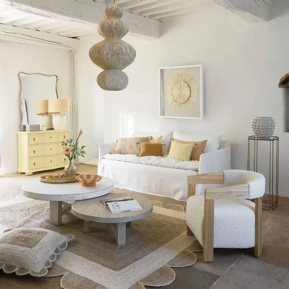 Armchairs - ARSÈNE armchair cream loop fabric rubberwood blond wood finish 60x66x66 - BLANC D'IVOIRE