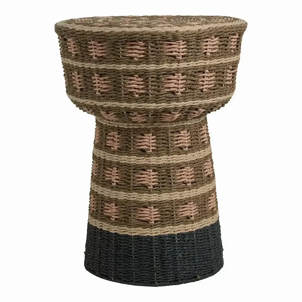 Bancs - Bout de canapé JAYA corde de papier kaki jaune et noir dia 42x51 - BLANC D'IVOIRE