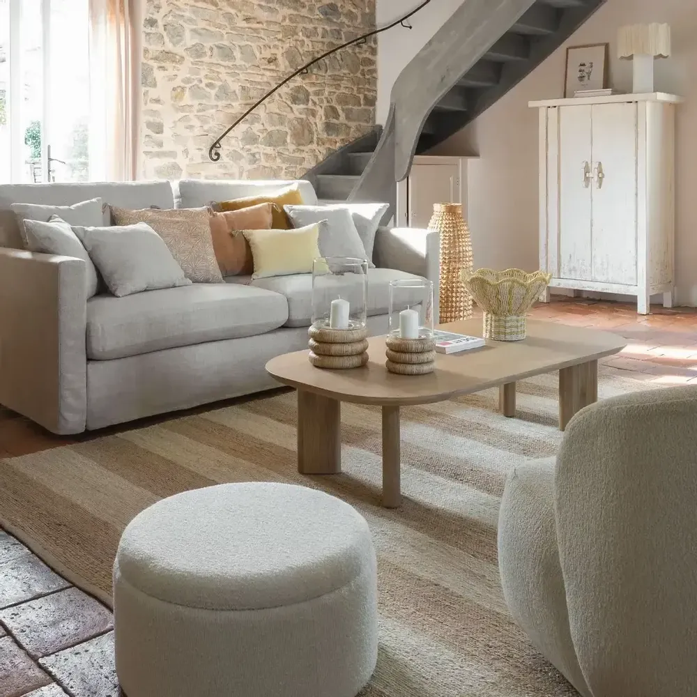 Ottomans - Set of 2 RILA poufs in cream French terry fabric, 62x36.5 and 50x29  - BLANC D'IVOIRE