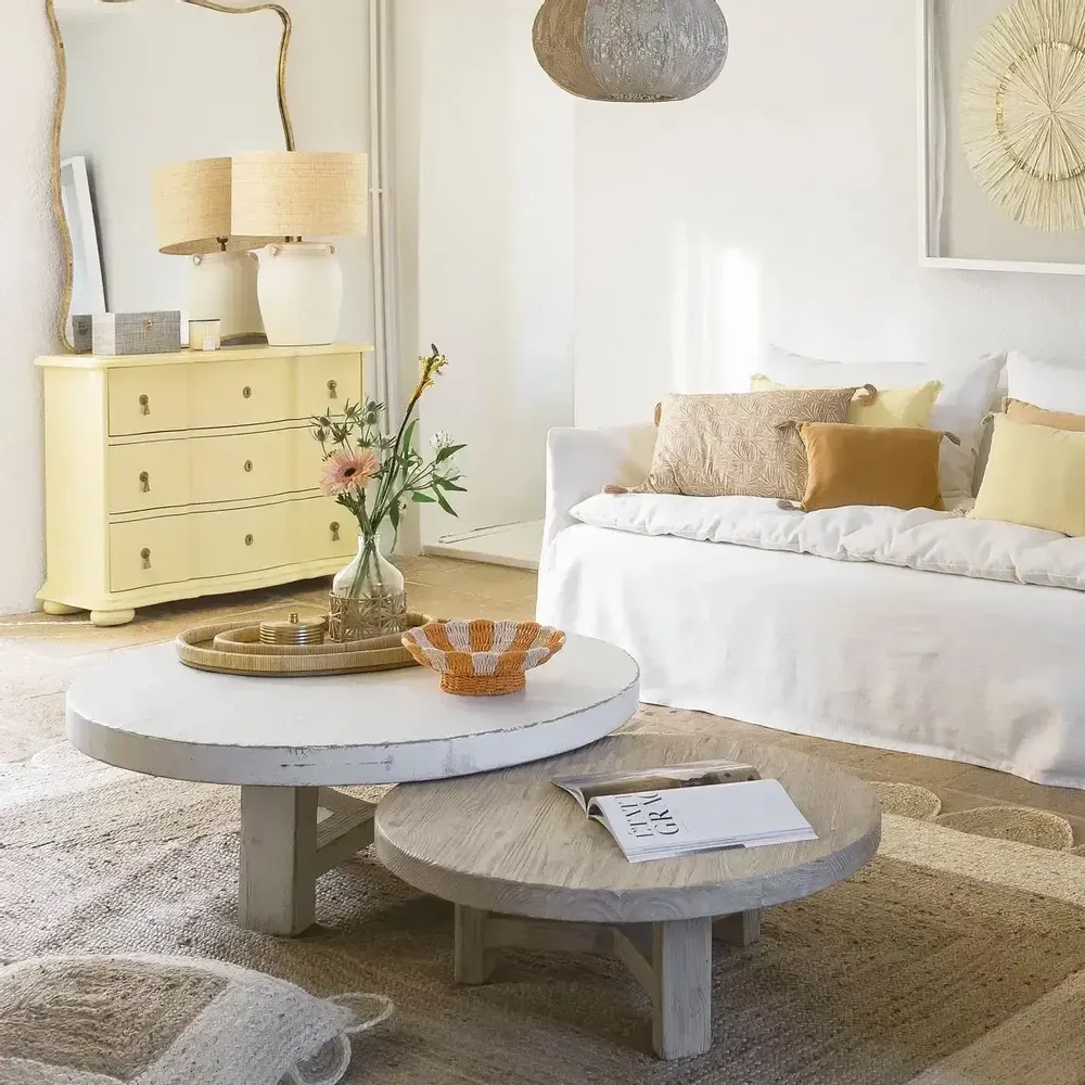 Coffee tables - BAO coffee table recycled white elm dia 80x30 - BLANC D'IVOIRE