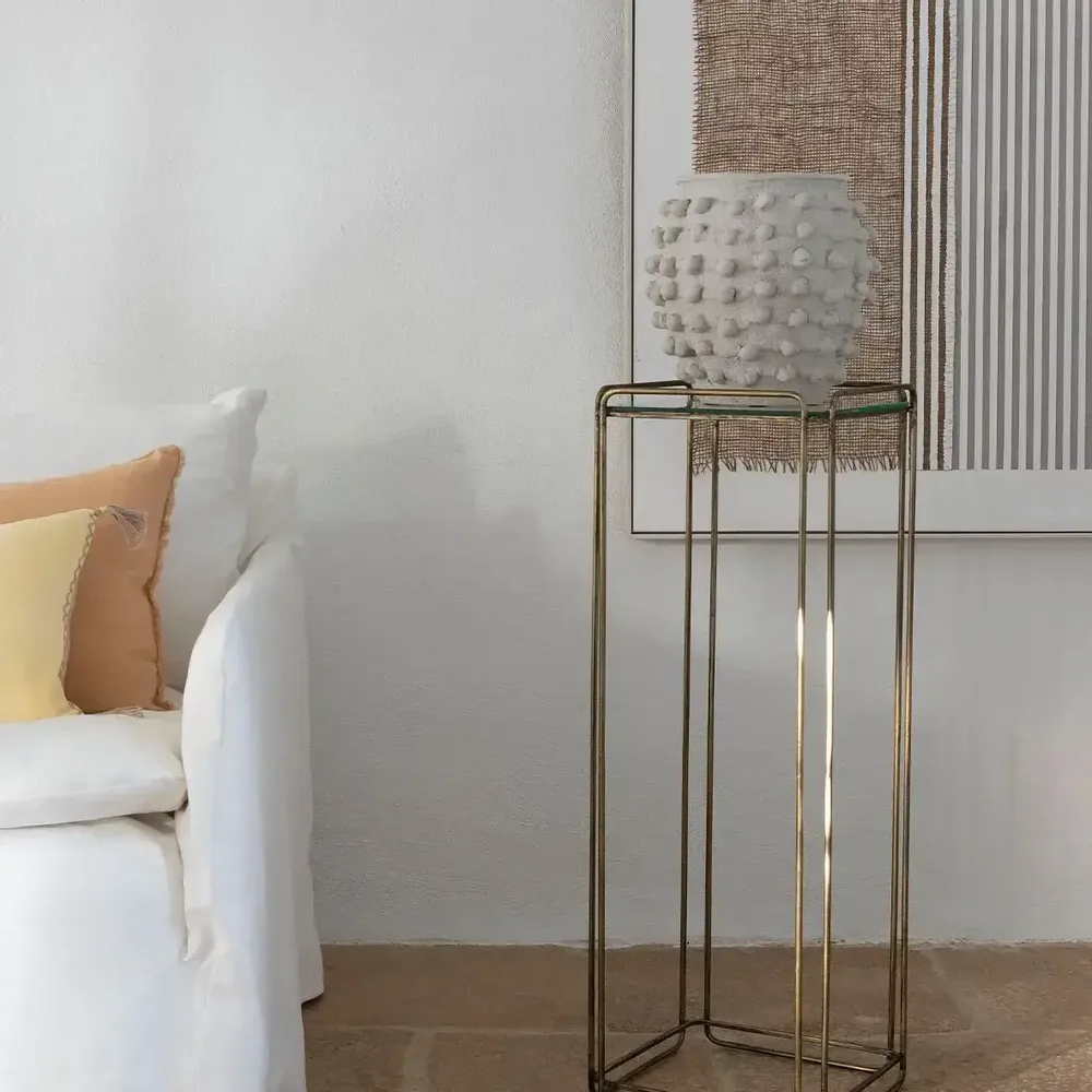 Console table - ANATOLE glass and metal stand with golden brass finish 31.5x31.5x90 - BLANC D'IVOIRE
