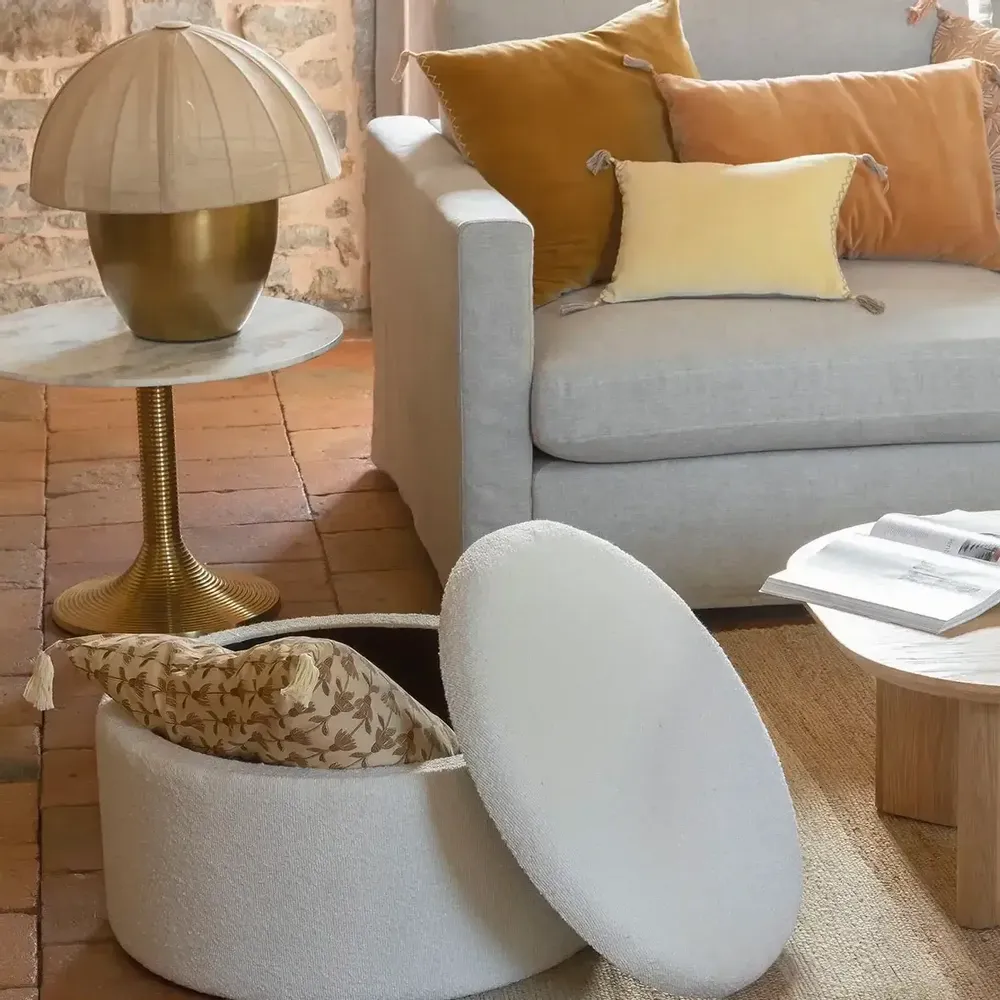 Table lamps - HÉLOÏSE lamp in gold metal and AJ cream fabric dia 48x50 - BLANC D'IVOIRE