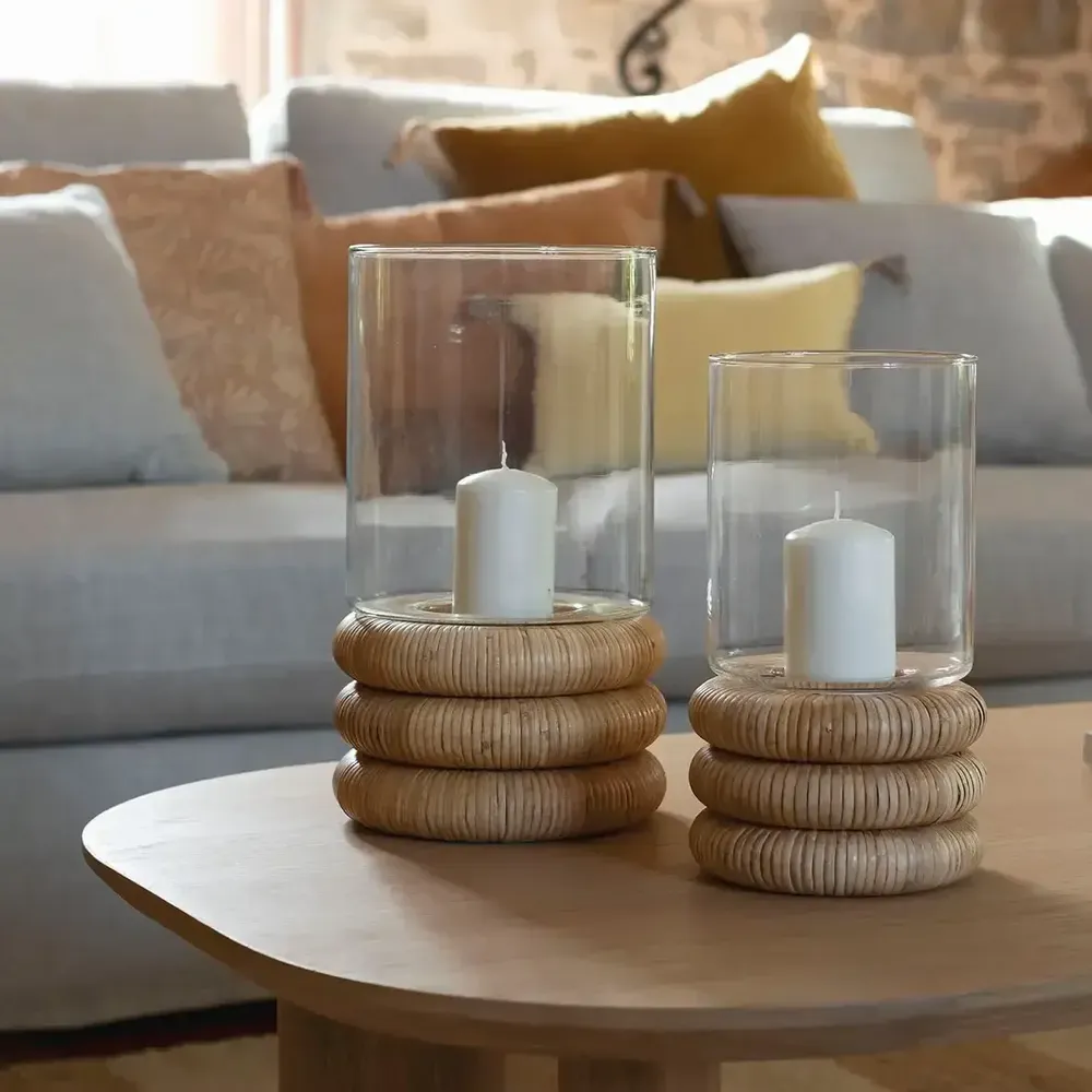 Candlesticks and candle holders - BOLINE glass and natural rattan tealight holder dia 16x28.5 - BLANC D'IVOIRE