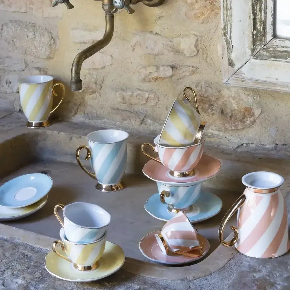 Mugs - Madame de Récamier pastel striped coffee cup and saucer - 3 assorted - MATHILDE M.