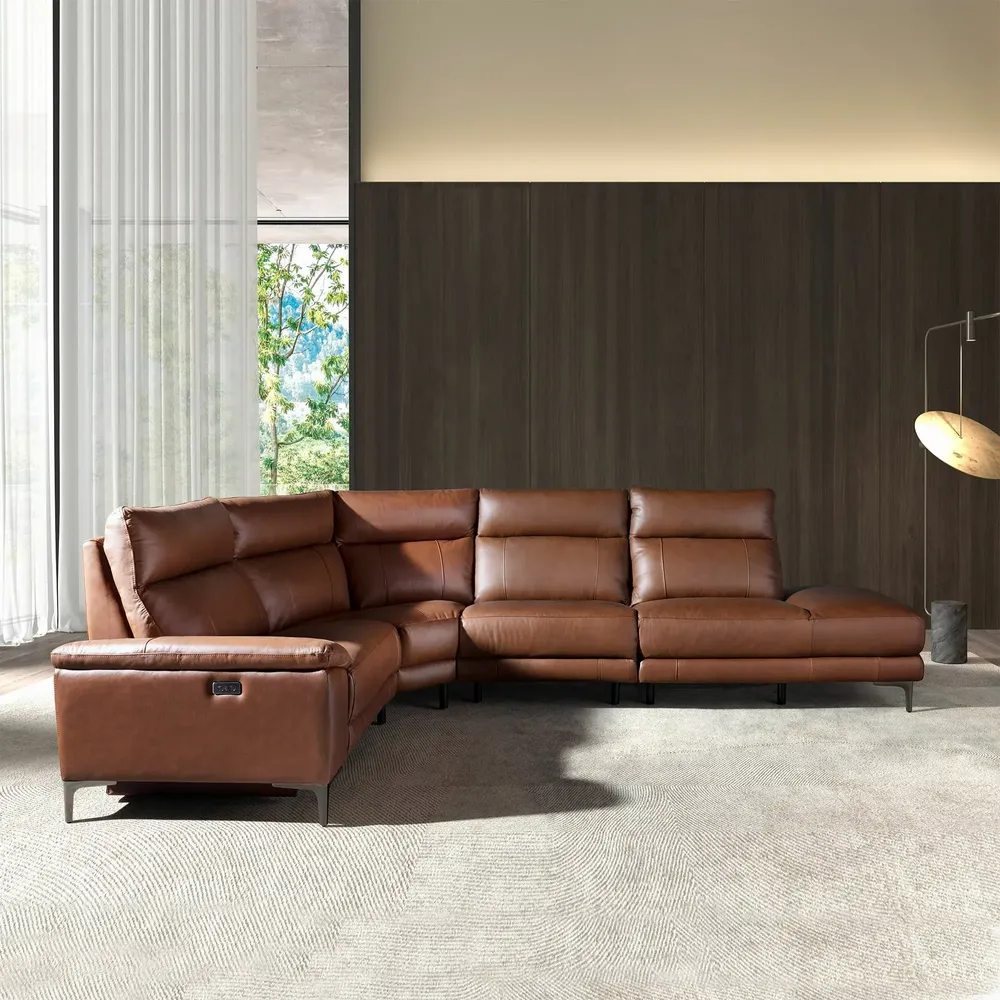 Sofas - Right chaise longue relaxation sofa in tobacco brown leather - ANGEL CERDÁ