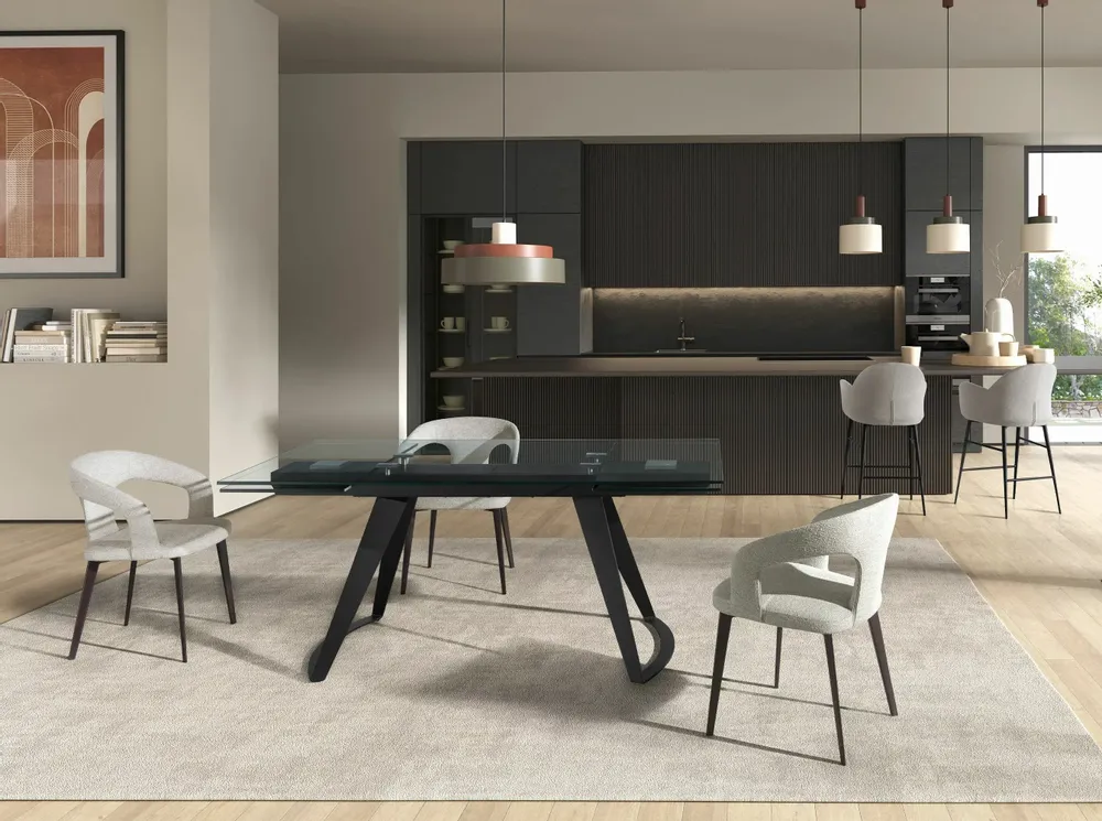 Tables Salle à Manger - Table à manger extensible rectangulaire en verre trempé et acier noir - ANGEL CERDÁ