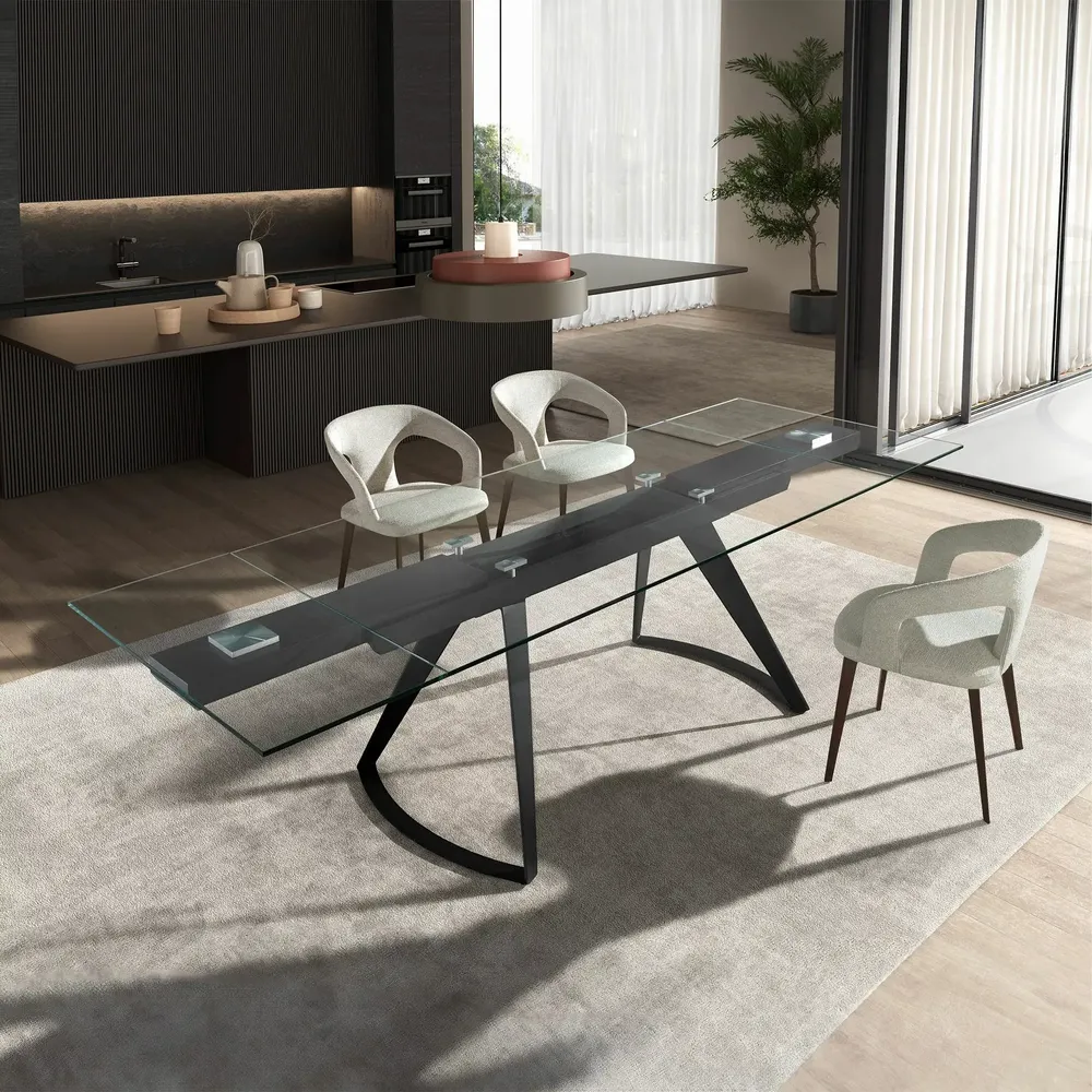 Tables Salle à Manger - Table à manger extensible rectangulaire en verre trempé et acier noir - ANGEL CERDÁ