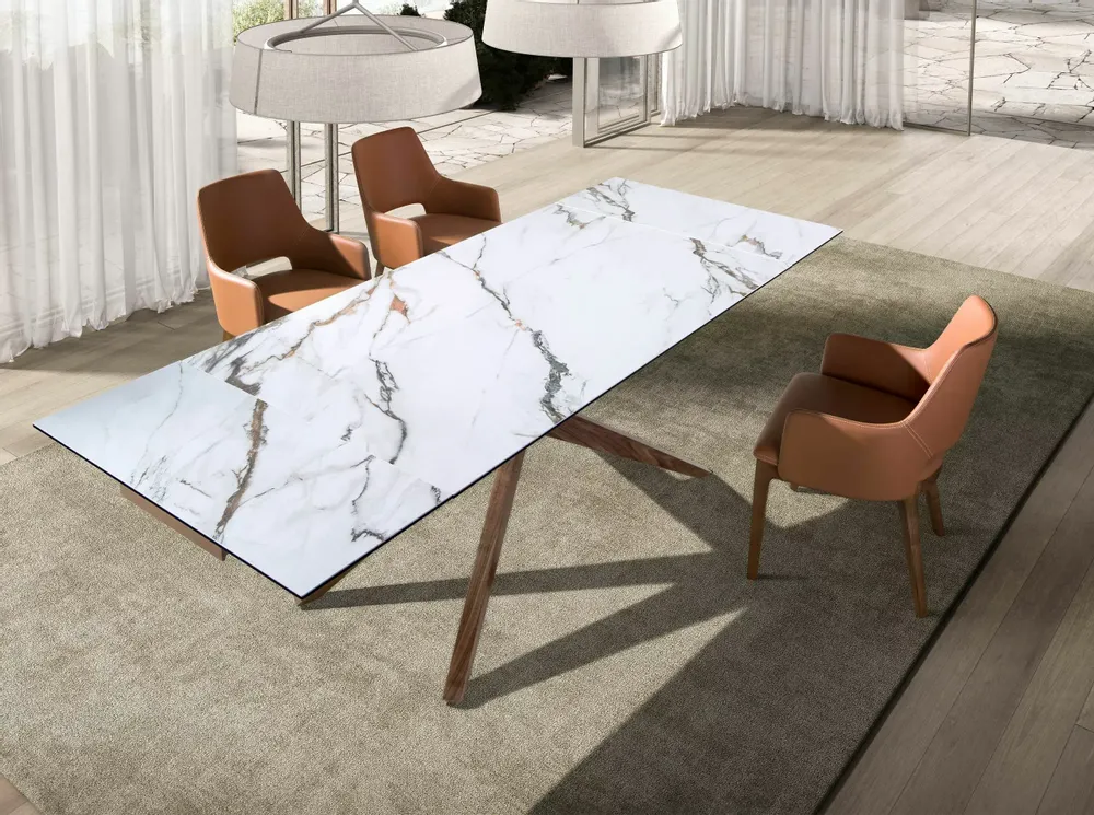 Dining Tables - Rectangular extendable dining table in porcelain marble and walnut - ANGEL CERDÁ