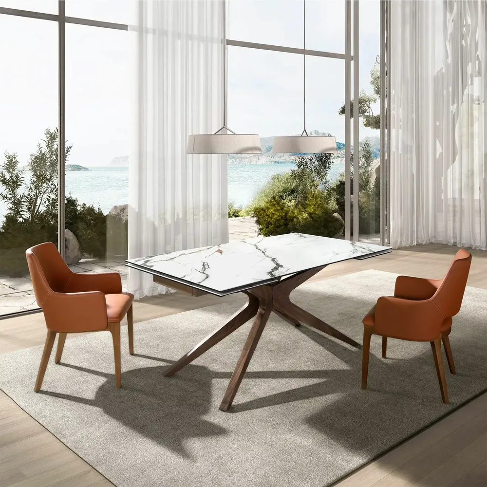 Dining Tables - Rectangular extendable dining table in porcelain marble and walnut - ANGEL CERDÁ