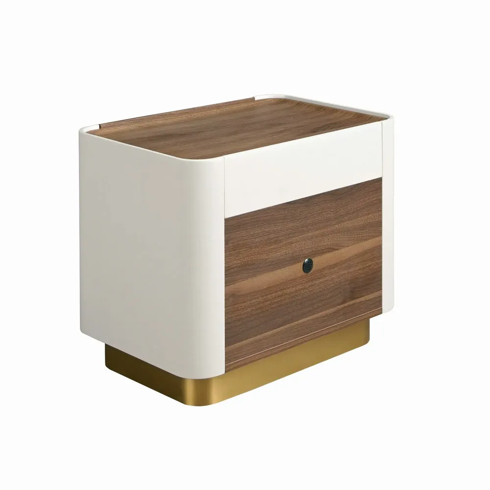 Night tables - Bedside table walnut, beige, golden polished steel and walnut top - ANGEL CERDÁ