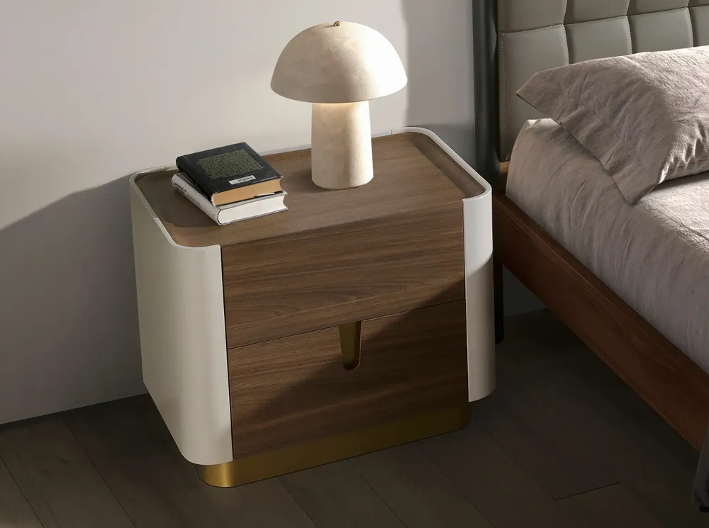 Night tables - Bedside table walnut, beige, golden polished steel and walnut top - ANGEL CERDÁ