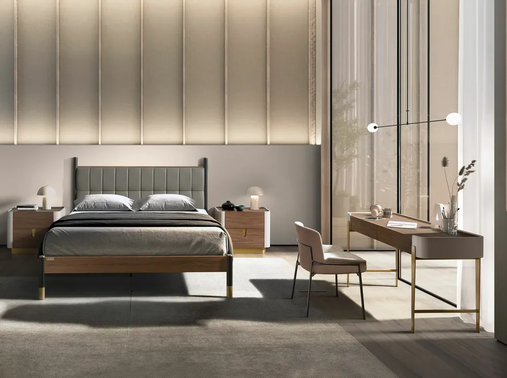 Night tables - Bedside table walnut, beige, golden polished steel and walnut top - ANGEL CERDÁ