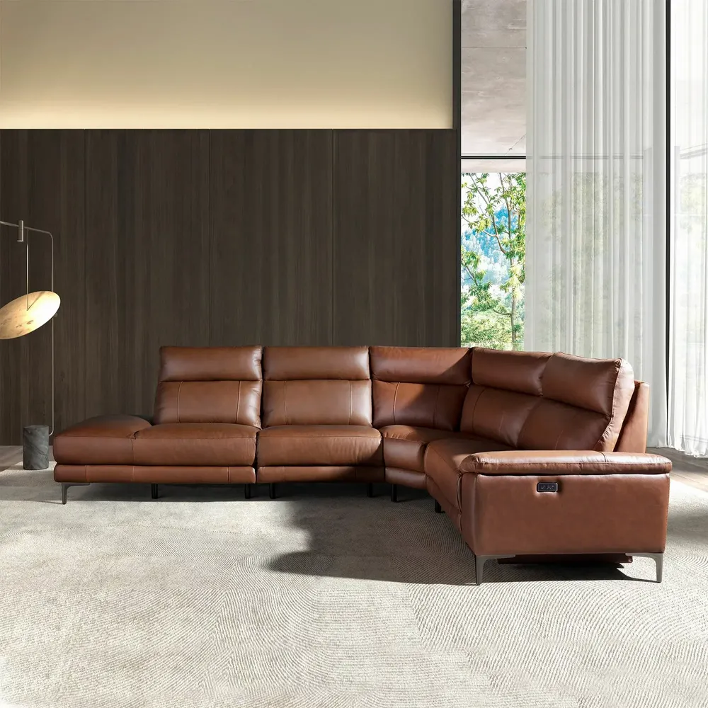 Sofas - Left chaise longue sofa in brown tobacco leather - ANGEL CERDÁ