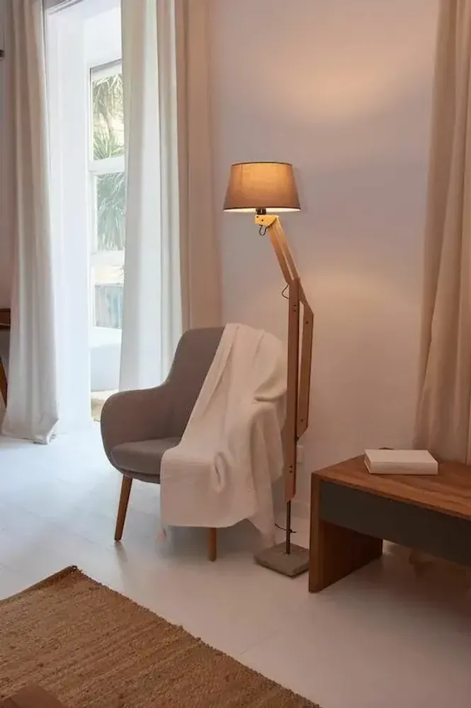 Floor lamps - THEA floor lamp in iron and beech wood and lampshade in grey cotonet - LUXCAMBRA