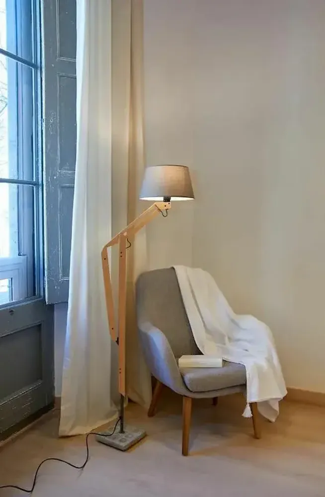 Floor lamps - THEA floor lamp in iron and beech wood and lampshade in grey cotonet - LUXCAMBRA