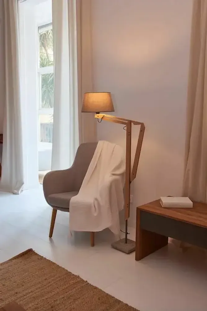 Floor lamps - THEA floor lamp in iron and beech wood and lampshade in grey cotonet - LUXCAMBRA