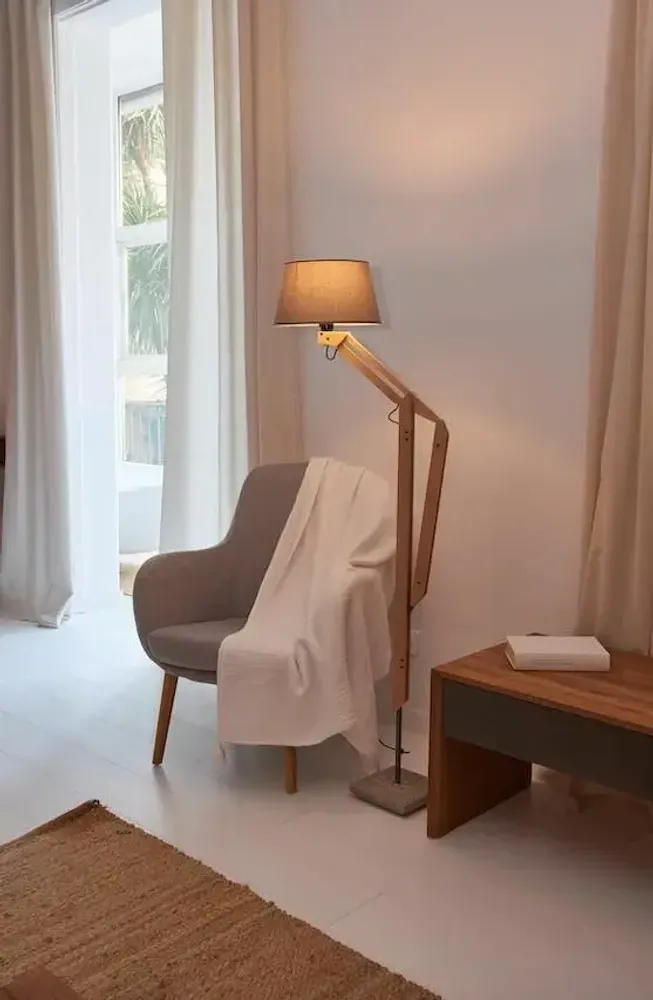 Floor lamps - THEA floor lamp in iron and beech wood and lampshade in grey cotonet - LUXCAMBRA
