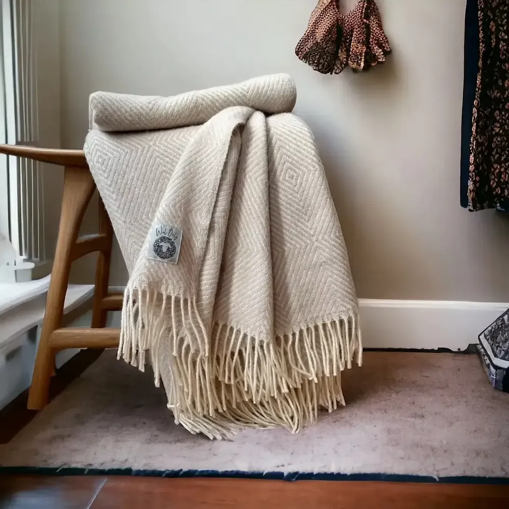 Plaids - Plaid couverture en laine, Beige Diamant - WOOL ONLY BY JOWOLLINA