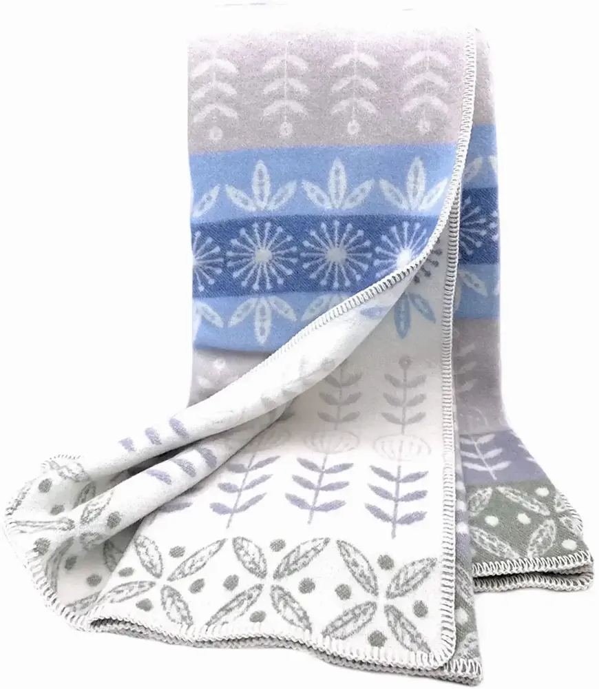 Throw blankets - Wool blanket plaid, Folklore floral Blue - WOOL ONLY BY JOWOLLINA