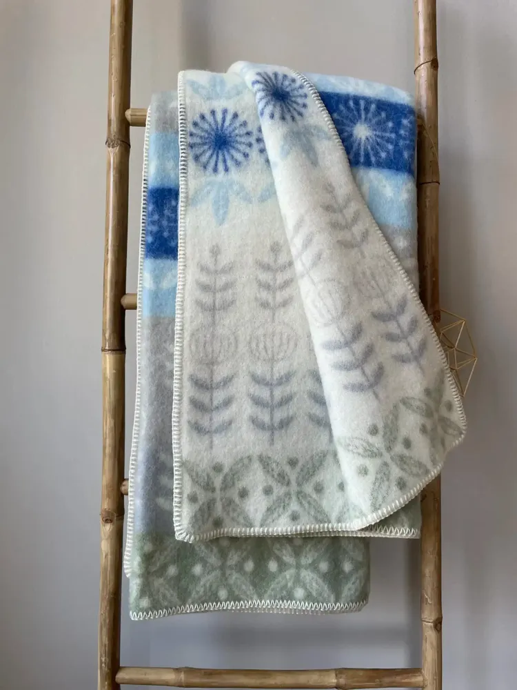 Throw blankets - Wool blanket plaid, Folklore floral Blue - WOOL ONLY BY JOWOLLINA