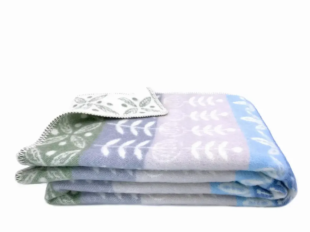 Throw blankets - Wool blanket plaid, Folklore floral Blue - WOOL ONLY BY JOWOLLINA