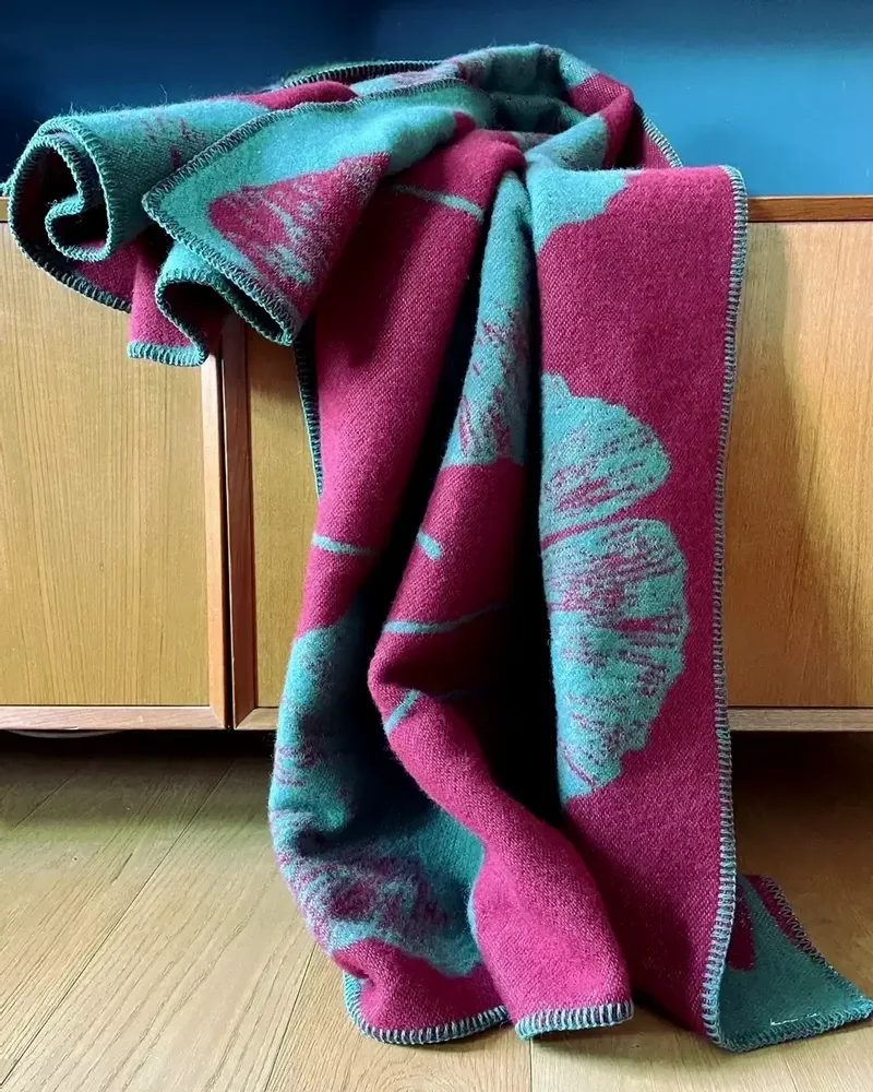 Plaids - Plaid couverture en laine, Ginkgo Vert Canard Bordeaux - WOOL ONLY BY JOWOLLINA