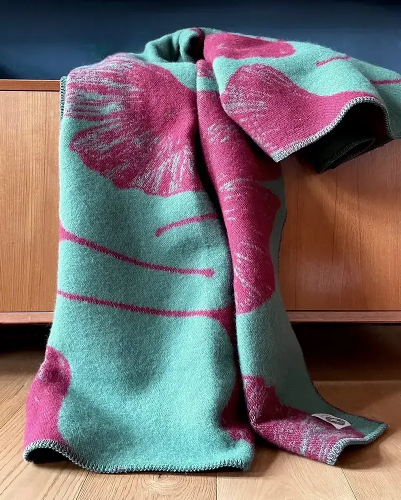 Plaids - Plaid couverture en laine, Ginkgo Vert Canard Bordeaux - WOOL ONLY BY JOWOLLINA