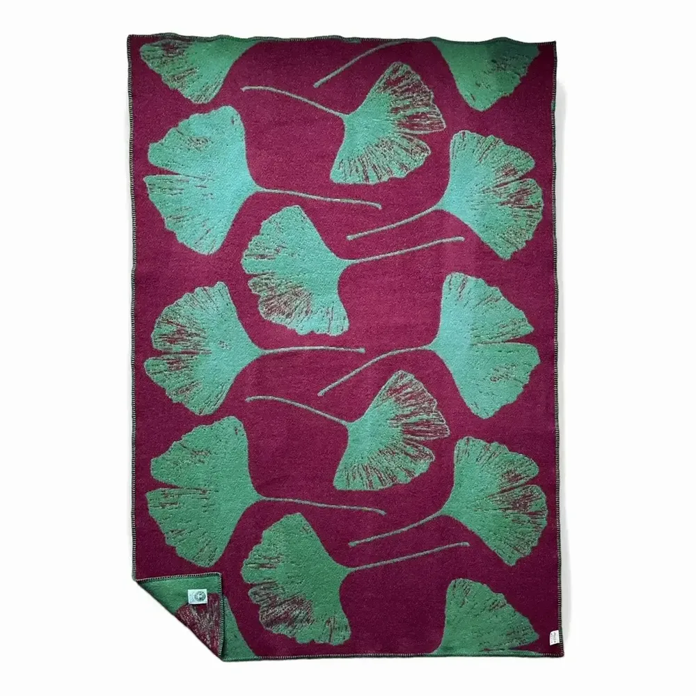 Plaids - Plaid couverture en laine, Ginkgo Vert Canard Bordeaux - WOOL ONLY BY JOWOLLINA