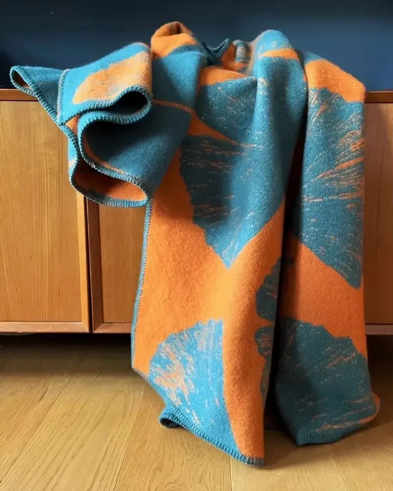 Plaids - Plaid couverture en laine, Ginkgo Gingembre Pétrole - WOOL ONLY BY JOWOLLINA