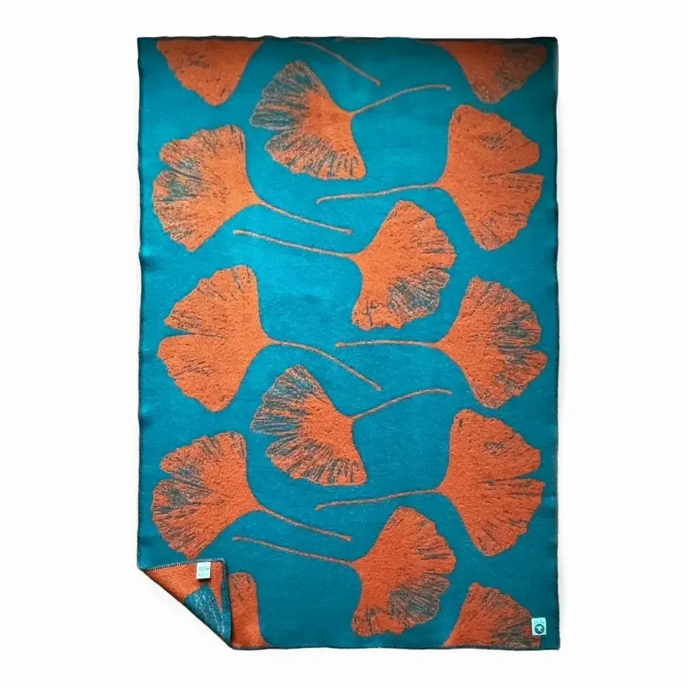 Plaids - Plaid couverture en laine, Ginkgo Gingembre Pétrole - WOOL ONLY BY JOWOLLINA