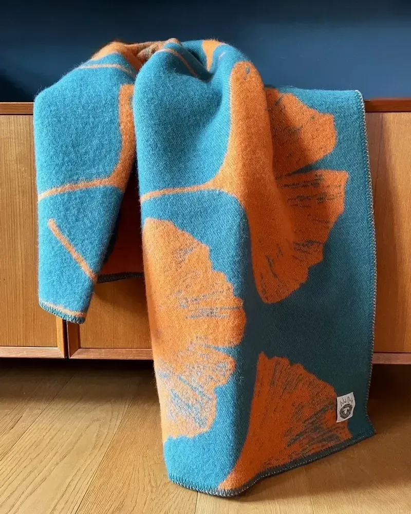 Plaids - Plaid couverture en laine, Ginkgo Gingembre Pétrole - WOOL ONLY BY JOWOLLINA