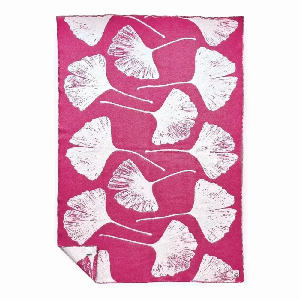 Plaids - Plaid couverture en laine, Ginkgo Framboises Magenta - WOOL ONLY BY JOWOLLINA