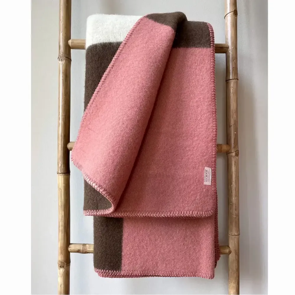 Throw blankets - Wool blanket plaid, Tricolor Square Faded Rose-Brownie - WOOL ONLY BY JOWOLLINA