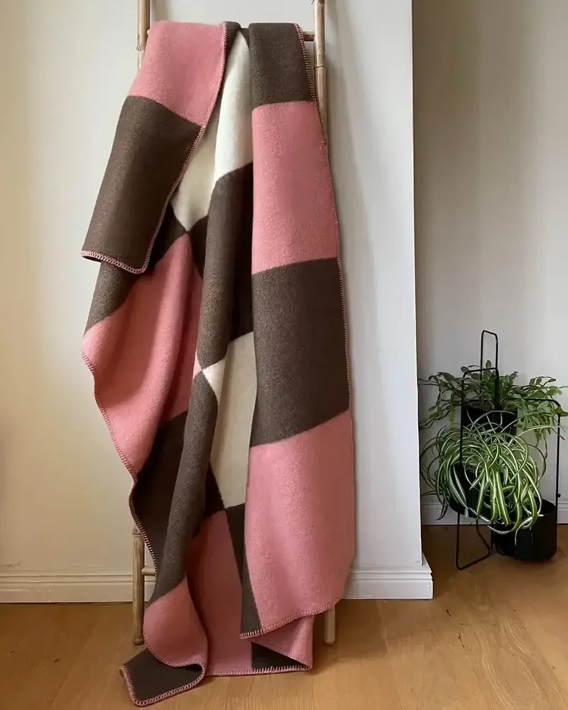 Throw blankets - Wool blanket plaid, Tricolor Square Faded Rose-Brownie - WOOL ONLY BY JOWOLLINA